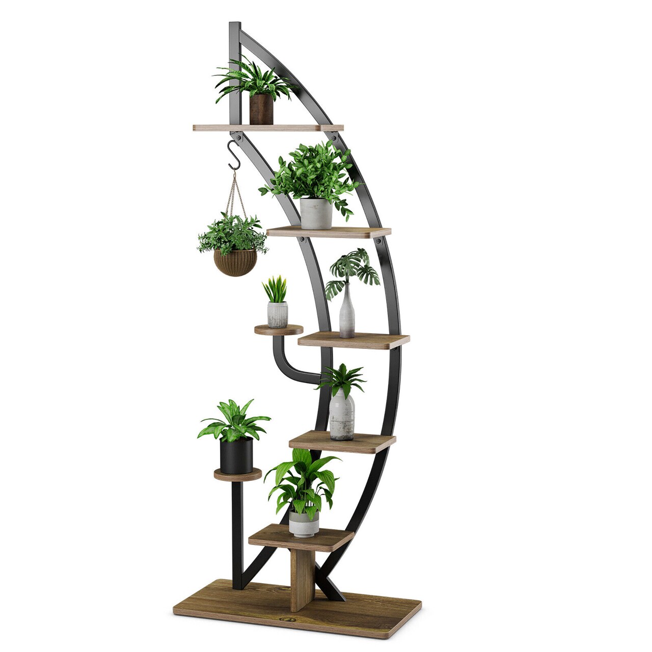 Costway 6 Tier Metal Plant Stand Rack Half Moon Shape Ladder Planter Organizer w/Hook
